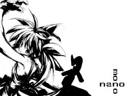 Rule 34 | 00s, 1girl, ahoge, alternate hairstyle, armpits, bare shoulders, dress, from side, greyscale, looking at viewer, looking to the side, lyrical nanoha, mahou shoujo lyrical nanoha, monochrome, raising heart, simple background, sketch, sleeveless, sleeveless dress, solo, takamachi nanoha, white background