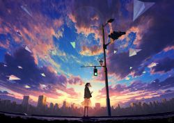 Rule 34 | 1girl, black footwear, black hair, black jacket, black pantyhose, blue sky, building, city, cityscape, cloud, cloudy sky, commentary request, holding, jacket, lens flare, long hair, long sleeves, looking away, looking to the side, mocha (cotton), original, outdoors, pantyhose, paper airplane, skirt, sky, skyline, skyscraper, solo, standing, sunset, traffic light, white skirt, wide shot, wind