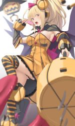 Rule 34 | 1girl, :o, bad id, bad pixiv id, black cape, black footwear, blonde hair, cape, cosmic break, detached sleeves, dress, food, highres, holding, holding food, jack-o&#039;-lantern, looking at viewer, mecha musume, orange dress, pallad, pepo pucchi, ponytail, red eyes, sitting, solo, striped clothes, striped thighhighs, thighhighs, thighs