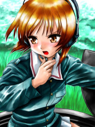 Rule 34 | 10s, 1girl, atchy, blue jacket, blush, brown eyes, brown hair, d2s rolling, girls und panzer, headphones, jacket, long sleeves, military, military uniform, miniskirt, nishizumi miho, open mouth, pleated skirt, short hair, skirt, solo, throat microphone, throat mike, uniform, white skirt