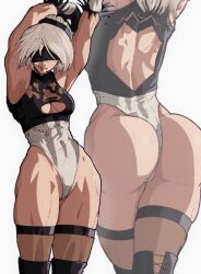 Rule 34 | 1girl, 2b (nier:automata), arms up, ass, blindfold, cleavage cutout, clothing cutout, curvy, gloves, highleg, highleg leotard, highres, huge ass, leotard, multiple views, muscular, muscular female, nier (series), shiny skin, short hair, simple background, stretching, thighhighs, thong leotard, white background, white hair, white leotard, wide hips, yoracrab