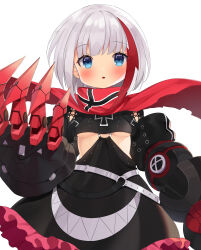 Rule 34 | 1girl, :o, absurdres, admiral graf spee (azur lane), azur lane, black dress, blue eyes, blush, bob cut, breasts, claw (weapon), commentary, cross, dress, grey hair, highres, iron cross, looking at viewer, mechanical arms, multicolored hair, red hair, small breasts, solo, streaked hair, touch (thutchai), underboob, upper body, weapon, white background