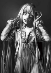 Rule 34 | 1girl, :d, crazy, crazy smile, fata morgana no yakata, glowing, glowing eyes, greyscale, head tilt, highres, long hair, long sleeves, looking at viewer, monochrome, moyatarou, nellie rhodes, nightgown, non-web source, novel illustration, official art, open mouth, shaded face, smile, solo, spoilers, upper body
