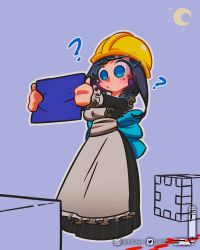 Rule 34 | 1girl, ?, ??, apron, back bow, black dress, black hair, blue eyes, blueprint (object), bow, closed mouth, confused, crescent moon, dress, earrings, hard hat, helmet, highres, hololive, hololive english, instagram username, jewelry, loen, long sleeves, maid apron, moon, ouro kronii, outline, solo, standing, twitter username, virtual youtuber, white apron, white outline, yellow headwear