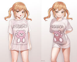 Rule 34 | 1girl, absurdres, animal print, bang dream!, bear print, blonde hair, blush, breasts, commentary request, dopamine70, hair ornament, highres, ichigaya arisa, large breasts, long hair, looking at viewer, meme, multiple views, open mouth, pajamas challenge, shirt, smile, t-shirt, twintails, x hair ornament
