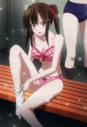Rule 34 | 10s, absurdres, bra, brown hair, feet, high school dxd, highres, long hair, looking at viewer, murayama (high school dxd), open mouth, panties, screencap, sitting, smile, socks, stitched, third-party edit, underwear