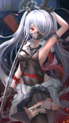 Rule 34 | 1girl, absurdres, arm strap, arm up, armpits, artist name, black leotard, black skirt, black thighhighs, blue archive, bolt action, breasts, clothes around waist, cowboy shot, dark-skinned female, dark skin, grey hair, gun, hair ornament, halo, highres, holding, holding sword, holding weapon, iori (blue archive), kayjae, leotard, leotard under clothes, long hair, looking at viewer, mask, mauser 98, miniskirt, mouth mask, pointy ears, red eyes, rifle, sideboob, skirt, small breasts, solo, sword, thigh strap, thighhighs, twintails, very long hair, weapon, x hair ornament