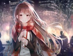 Rule 34 | 1girl, ahoge, blurry, blurry background, blush, bokeh, brown eyes, brown hair, brown jacket, building, buri (retty9349), depth of field, floating hair, gift, holding, holding gift, jacket, long hair, looking at viewer, night, original, outdoors, parted lips, plaid, plaid scarf, red scarf, scarf, shirt, sleeves past wrists, smile, solo, upper body, very long hair, white shirt