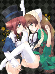 Rule 34 | 00s, 2girls, ass, blush, brown hair, doll joints, green hair, hat, incest, joints, leg lift, long hair, multiple girls, red hair, ribbon, room603, rozen maiden, short hair, siblings, sisters, sitting, socks, souseiseki, standing, suiseiseki, thighhighs, torn clothes, twincest, twins, white thighhighs, yuri