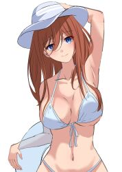 1girl arm_up armpits bare_shoulders bikini blue_bikini blue_eyes blue_hat blue_innertube blush breasts brown_hair cleavage closed_mouth collarbone commentary_request curvy eyelashes front-tie_bikini_top front-tie_top go-toubun_no_hanayome hair_between_eyes halterneck happy hat highres holding holding_swim_ring innertube large_breasts long_hair nakano_miku navel sanpaku simple_background sketch smile solo straight_hair sun_hat swim_ring swimsuit upper_body uyufuzi_s white_background