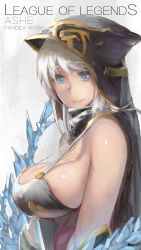 Rule 34 | 1girl, ashe (league of legends), bare shoulders, blue eyes, breasts, cape, cleavage, female focus, highres, hood, huge breasts, league of legends, long hair, sky of morika, smile, solo, strap gap, upper body, white hair
