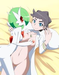 Rule 34 | 10s, 2girls, ass, bed sheet, black hair, blue eyes, blush, breasts, censored, choker, coat, colored skin, come hither, creatures (company), diantha (pokemon), eyeshadow, game freak, gardevoir, gen 3 pokemon, green hair, interspecies, jewelry, large breasts, long coat, looking at viewer, makeup, mega gardevoir, mega pokemon, multiple girls, navel, necklace, neichii, nintendo, nipples, no panties, open clothes, open coat, pokemon, pokemon (creature), pokemon xy, pokephilia, pussy, red eyes, short hair, smile, white skin, yuri