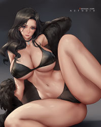 Rule 34 | 1girl, aztodio, bare shoulders, bikini, black bikini, black coat, black hair, blush, breasts, choker, cleavage, coat, collarbone, curvy, fur-trimmed coat, fur trim, grey eyes, large breasts, long hair, looking at viewer, navel, off shoulder, parted bangs, solo, spread legs, swimsuit, the witcher (series), the witcher 3, thighs, wide hips, yennefer
