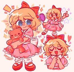 Rule 34 | 1girl, :o, artist name, blonde hair, blue eyes, bow, closed eyes, commentary, domizaur, dress, english commentary, eyelashes, hair bow, heart, highres, holding, holding stuffed toy, medium hair, mother (game), mother 2, multiple views, music, nintendo, notice lines, own hands together, paula (mother 2), pink dress, red bow, red footwear, shoes, simple background, singing, socks, sparkle, stuffed animal, stuffed toy, teddy bear, twitter username, white background, white socks
