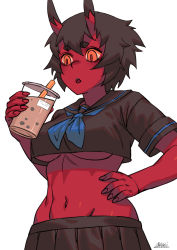 Rule 34 | 1girl, black hair, black sailor collar, black shirt, black skirt, blue neckerchief, breasts, bubble tea, colored skin, commentary, cowboy shot, cup, drinking straw, fingernails, groin, hand on own hip, holding, holding cup, horns, kidouko (zakusi), midriff, navel, neckerchief, oni, oni horns, open mouth, original, pleated skirt, red oni, red skin, sailor collar, school uniform, serafuku, shirt, short hair, short sleeves, signature, simple background, skirt, solo, stomach, symbol-only commentary, toned, underboob, white background, wide-eyed, yellow eyes, zakusi
