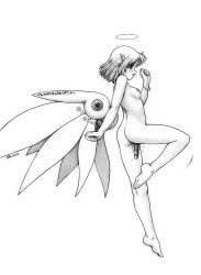 Rule 34 | 1girl, :d, ass, barefoot, blush, bracelet, breasts, dildo, feet, female focus, female masturbation, flying, from behind, full body, graphite (medium), greyscale, halo, harumachi nagaaki, jewelry, looking at viewer, looking back, masturbation, monochrome, nipples, nude, object insertion, open mouth, original, pointy ears, pussy juice, sex toy, simple background, small breasts, smile, soles, solo, sweat, toes, traditional media, vaginal, vaginal object insertion, white background, wings