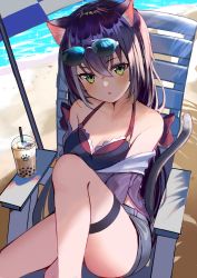 Rule 34 | 1girl, :o, animal ear fluff, animal ears, aroa (aroamoyasi), bare shoulders, beach, beach umbrella, bikini, black bikini, black hair, blue-tinted eyewear, blue shorts, bow, breasts, bubble tea, cat ears, cat girl, cat tail, commentary request, cup, day, disposable cup, drinking straw, eyewear on head, feet out of frame, green eyes, hair between eyes, hair bow, highres, jacket, karyl (princess connect!), karyl (summer) (princess connect!), knee up, long hair, looking at viewer, low twintails, medium breasts, off shoulder, outdoors, parted lips, princess connect!, purple jacket, red bow, sand, short shorts, shorts, solo, sparkle, sunglasses, swimsuit, tail, tail raised, thigh strap, tinted eyewear, twintails, umbrella, very long hair, water