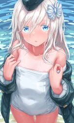 Rule 34 | 1girl, blonde hair, blue eyes, blush, clothes writing, collarbone, cowboy shot, garrison cap, grey hat, grey jacket, hair between eyes, hat, hayashi naoharu, highres, jacket, kantai collection, long hair, long sleeves, looking at viewer, one-piece swimsuit, open clothes, open jacket, open mouth, school swimsuit, solo, swimsuit, u-511 (kancolle), water, wet, white one-piece swimsuit