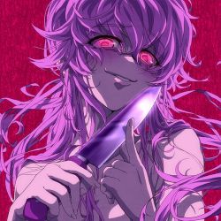 Rule 34 | 1girl, crazy, crazy smile, creepy, evil grin, evil smile, gasai yuno, glowing, glowing eyes, grin, holding, horror (theme), knife, lips, long hair, mirai nikki, nude, pink eyes, pink hair, portrait, rape face, smile, smirk, solo, troll face, weapon, yandere, yandere trance, zyunya