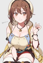 Rule 34 | 1girl, atelier (series), atelier ryza, atelier ryza 1, blush, breasts, brown eyes, brown hair, cleavage, gloves, hair ornament, hairclip, hat, highres, jewelry, large breasts, looking at viewer, necklace, peach11 01, red shorts, reisalin stout, short hair, short shorts, shorts, smile, solo, star (symbol), thick thighs, thighhighs, thighs, white hat