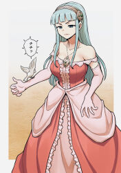 Rule 34 | 1girl, bare shoulders, bird, blue eyes, blue hair, blunt bangs, breasts, closed mouth, dress, elbow gloves, facing viewer, gachon jirou, gloves, half-closed eyes, headband, hime cut, jewelry, large breasts, looking at animal, necklace, off-shoulder dress, off shoulder, original, pink dress, pink gloves, solo