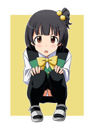 Rule 34 | 1girl, black hair, black skirt, black thighhighs, blush, border, bow, bowtie, brown eyes, check commentary, child, commentary request, cosplay, green vest, hair bobbles, hair ornament, hands on own knees, idolmaster, idolmaster million live!, legs, lielos, long sleeves, looking at viewer, nakatani iku, open mouth, otonashi kotori, otonashi kotori (cosplay), panties, panty peek, sandals, shirt, short hair, side ponytail, skirt, solo, squatting, thighhighs, thighs, underwear, v-shaped eyebrows, vest, white border, white footwear, white panties, white shirt, yellow background, yellow bow, yellow bowtie