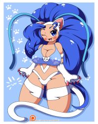 Rule 34 | 1girl, :3, animal ears, animal hands, blue background, blue eyes, blue hair, blue shirt, blush, breasts, capcom, cat ears, cat girl, cat paws, cat tail, claws, cleavage, dark skin, fangs, felicia (vampire), highres, large breasts, long hair, looking at viewer, midriff, one eye closed, open mouth, panties, paw print, paw print pattern, pokumii, print shirt, shirt, slit pupils, smile, standing, tail, tank top, underwear, vampire (game), white fur, white panties, wink