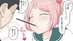 Rule 34 | 1boy, 1girl, admiral (kancolle), blue sailor collar, blush, close-up, commentary request, closed eyes, food, hair bobbles, hair ornament, kantai collection, lips, mimofu (fullhighkick), mouth hold, pink hair, pocky, pocky kiss, sailor collar, sazanami (kancolle), school uniform, serafuku, shared food, short hair, translation request, twintails, upper body