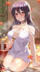 Rule 34 | 1girl, absurdres, amahara subaru, anchor symbol, autumn leaves, black hair, blurry, blurry background, bracelet, breasts, collarbone, commentary request, cowboy shot, depth of field, hair between eyes, hand on own chest, hand up, highres, indie virtual youtuber, isonade orca, jewelry, large breasts, leaf, long hair, looking at viewer, maple leaf, multicolored hair, naked towel, petals, pointy ears, red eyes, sidelocks, sitting, skin tight, smile, solo, streaked hair, towel, virtual youtuber, water, wet, wet hair, wind, wooden floor