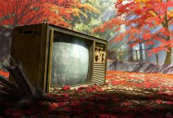 Rule 34 | autumn leaves, commentary request, crt, dappled sunlight, day, fence, leaf, maple leaf, mocha (cotton), no humans, original, outdoors, ruins, scenery, signature, sunlight, television, tree