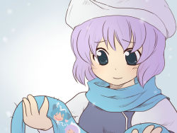 Rule 34 | 1girl, beret, black eyes, blue scarf, child&#039;s drawing, female focus, hat, holding, letty whiterock, light purple hair, scarf, short hair, smile, solo, toto (hitori othello), touhou, upper body, winter clothes