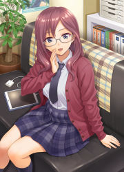 Rule 34 | 1girl, :d, alternate costume, black necktie, book, bookshelf, commentary request, couch, glasses, grey-framed eyewear, hand to own mouth, hida tatsuo, highres, idolmaster, idolmaster cinderella girls, idolmaster cinderella girls starlight stage, jacket, looking at viewer, necktie, on couch, open mouth, plaid, plaid skirt, plant, poster (object), potted plant, purple eyes, purple hair, purple jacket, purple skirt, purple socks, semi-rimless eyewear, shirt, sitting, skirt, smile, socks, solo, tablet pc, under-rim eyewear, usb, white shirt, yagami makino
