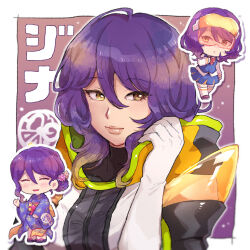 Rule 34 | 1girl, breasts, chibi, chiimako, closed mouth, covered collarbone, elbow gloves, eyes visible through hair, gina (gnosia), gloves, gnosia, hair between eyes, hood, hoodie, japanese clothes, kimono, long hair, looking at viewer, multiple persona, official alternate costume, purple hair, simple background, solo, turtleneck, wavy hair, white background