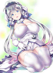Rule 34 | 1girl, azur lane, bare shoulders, blue eyes, breasts, cleavage, curvy, dress, elbow gloves, female focus, garter straps, gloves, hair ornament, hat, illustrious (azur lane), kneeling, large breasts, long hair, long twintails, miniskirt, nib pen (medium), parted lips, sagging breasts, shoes, silver hair, sitting, skirt, solo, takano itsuki, thighhighs, thighs, traditional media, twintails, very long hair, white gloves, white thighhighs, wide hips