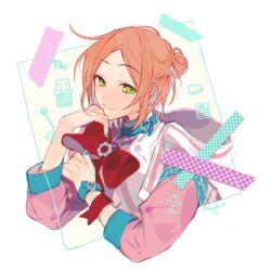 Rule 34 | 1boy, aoi yuta, bow, bowtie, closed mouth, ensemble stars!, forehead, green eyes, hair bun, jacket, long sleeves, looking at viewer, orange hair, pink jacket, red bow, red bowtie, sapphire (nine), shirt, sidelocks, simple background, smile, solo, white background, white shirt