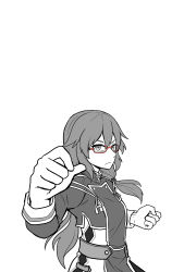 Rule 34 | 1girl, absurdres, black hair, chinese clothes, closed mouth, fu hua, fu hua (valkyrie accipiter), galois, glasses, highres, honkai (series), honkai impact 3rd, long hair, long sleeves, looking at viewer, monochrome, ponytail, simple background, solo, v-shaped eyebrows, white background
