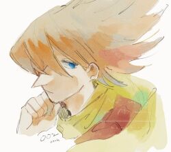 1boy big_nose blue_eyes closed_mouth coat cyborg cyborg_009 hair_between_eyes hair_over_face hair_over_one_eye half-closed_eyes hand_on_own_chin jet_link kmkr_umi long_hair looking_at_viewer orange_hair red_coat scarf soldier spiked_hair yellow_scarf