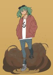 Rule 34 | 1girl, absurdres, brown background, denim, dust cloud, earrings, eyewear on head, full body, green eyes, green hair, hands in pockets, hatsune miku, highres, jacket, jeans, jewelry, necklace, pants, red jacket, saruissaart, shirt, shoes, sneakers, solo, suna no wakusei (vocaloid), sunglasses, twintails, vocaloid, white shirt