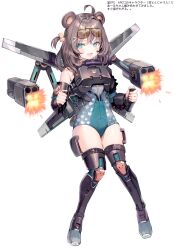 Rule 34 | 1girl, absurdres, animal ears, apex legends, armored boots, aru (momoko), bear ears, bear girl, blue eyes, blue leotard, blush, boots, bracer, brown hair, cosplay, eyewear on head, firing, full body, highres, jetpack, leotard, looking at viewer, mechanical wings, missile pod, momoko (momopoco), open mouth, original, scan, science fiction, simple background, smile, solo, thighhighs, valkyrie (apex legends), valkyrie (apex legends) (cosplay), white background, wings