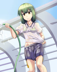 1girl ban_tsugumi blunt_bangs bob_cut bra bra_visible_through_clothes breasts collarbone collared_shirt commentary_request cowboy_shot day green_bra green_hair groin highres holding holding_hose hose looking_at_viewer mashitono_desu orange_eyes parted_lips pulling_own_clothes purple_skirt renpu_girls_school_uniform school_uniform shirt short_hair short_sleeves skirt small_breasts solo standing summer_uniform toji_no_miko underwear water wet wet_clothes wet_shirt white_shirt