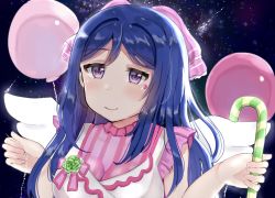 Rule 34 | 1girl, artist name, artist request, bare shoulders, blue hair, blush, breasts, candy, candy cane, cleavage, collarbone, collared shirt, crescent print, dress, female focus, food, frilled dress, frills, galaxy hide and seek, green flower, hair between eyes, hair ornament, highres, hiyokomametya, holding, holding candy, holding candy cane, holding food, long hair, looking at viewer, love live!, love live! school idol festival, love live! sunshine!!, matsuura kanan, medium breasts, moon print, navel, night, night sky, outdoors, parted lips, pink balloon, ponytail, purple eyes, shirt, shooting star, sky, smile, solo, striped clothes, striped dress, upper body, vertical-striped clothes, vertical-striped dress, white shirt, white wings, wings