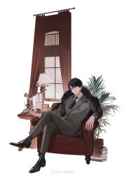 Rule 34 | 1boy, absurdres, antique phone, armchair, bishounen, black coat, black footwear, black hair, black necktie, black socks, blue eyes, bookstore, buttons, chair, check copyright, chinese commentary, closed mouth, coat, coat on shoulders, collared jacket, collared shirt, commentary request, copyright request, crossed legs, curtains, flower, formal, full body, fur-trimmed coat, fur trim, grey jacket, grey pants, grey sleeves, grey suit, hair between eyes, highres, holding, holding phone, jacket, lamp, layered sleeves, light frown, long sleeves, looking at viewer, male focus, necktie, nicke nike, on chair, original, painting (object), pants, phone, pink flower, pink rose, pinstripe jacket, pinstripe pants, pinstripe pattern, plant, pocket, potted plant, rose, shirt, shoes, shop, short hair, simple background, sitting, socks, solo, suit, table, vertical-striped sleeves, weibo watermark, white background, white shirt, window