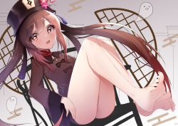 Rule 34 | 1girl, absurdres, bare legs, barefoot, black hat, black nails, blush, breasts, brown hair, chair, chinese clothes, eyes visible through hair, flower, flower-shaped pupils, full body, genshin impact, ghost, hat, hat flower, highres, hu tao (genshin impact), legs, long hair, looking at viewer, nail polish, open mouth, red eyes, simple background, sitting, small breasts, smile, soles, solo, symbol-shaped pupils, toenail polish, toenails, toes, twintails, wide sleeves, yanwulazy