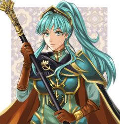 Rule 34 | 1girl, armor, artist name, breastplate, brown gloves, earrings, eirika (fire emblem), eirika (pledged restorer) (fire emblem), fire emblem, fire emblem: the sacred stones, fire emblem heroes, gloves, helm, helmet, holding, holding polearm, holding weapon, jewelry, long hair, looking at viewer, nintendo, official alternate costume, official alternate hairstyle, polearm, ponytail, schereas, shoulder armor, solo, upper body, weapon