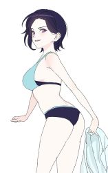 Rule 34 | 1girl, ass, bare shoulders, bikini, black hair, blue bikini, breasts, forehead, from behind, highres, hm mono, holding, holding clothes, holding shirt, looking at viewer, looking back, medium breasts, mismatched bikini, original, parted bangs, parted lips, purple eyes, shirt, unworn shirt, simple background, solo, swimsuit, white background
