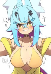 Rule 34 | +++, 1girl, absurdres, ahoge, animal ear fluff, animal ears, bare shoulders, bikini, bikini under clothes, blue hair, breasts, breasts out, brown bikini, cleavage, collarbone, commentary request, grin, hair between eyes, hair ornament, hairclip, highres, hood, hood down, hooded jacket, idaten93, jacket, large breasts, looking at viewer, motion lines, multicolored hair, original, purple hair, smile, solo, swimsuit, two-tone hair, upper body, x hair ornament, yellow jacket