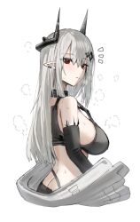 Rule 34 | 1girl, arknights, black bra, bra, breasts, butt crack, closed mouth, commentary, cowboy shot, cropped legs, demon horns, detached sleeves, ear piercing, expressionless, from side, grey hair, hair between eyes, hair ornament, highres, horn/wood, horns, hot, infection monitor (arknights), long hair, looking at viewer, material growth, medium breasts, mudrock (arknights), mudrock (elite ii) (arknights), notice lines, oripathy lesion (arknights), piercing, pointy ears, red eyes, sidelocks, simple background, solo, sports bra, steaming body, straight hair, sweat, underwear, white background