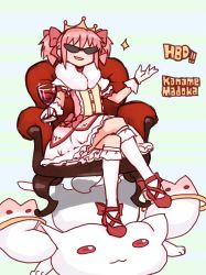 Rule 34 | 10s, 1girl, alcohol, bad id, bad pixiv id, bow, chair, character name, crossed legs, crown, cup, drinking glass, english text, hair bow, kaname madoka, kyubey, magical girl, mahou shoujo madoka magica, mahou shoujo madoka magica (anime), megurimu, pink hair, short hair, short twintails, sitting, solo, sunglasses, twintails, wine, wine glass