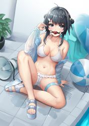 Rule 34 | 1girl, absurdres, ahoge, arknights, ball, ball gag, bare shoulders, bdsm, beachball, bikini, black eyes, black hair, blush, breasts, cleavage, collarbone, commission, covered erect nipples, double bun, drooling, feather hair, frilled bikini, frills, gag, gagged, gagged (willingly), grey jacket, hair bun, hair ornament, hairclip, highres, innertube, jacket, la pluma (arknights), la pluma (summer flowers) (arknights), long sleeves, looking at viewer, medium breasts, megaphone, navel, official alternate costume, on floor, open clothes, open jacket, photoshop (medium), plant, potted plant, puddle, saliva, sandals, short hair, sidelocks, sitting, solo, stomach, swim ring, swimsuit, t zhonglang, thigh strap, tile floor, tiles, variant set, water, white bikini, wing hair ornament
