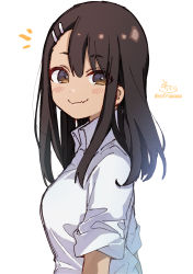 Rule 34 | 1girl, blush, breasts, brown eyes, brown hair, closed mouth, collared shirt, dress shirt, fang, fang out, hair between eyes, highres, ijiranaide nagatoro-san, long hair, looking at viewer, looking to the side, nagatoro hayase, notice lines, shirt, short sleeves, signature, simple background, small breasts, smile, sofra, solo, twitter username, upper body, very long hair, white background, white shirt